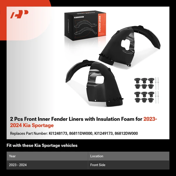 2 Pcs Front Inner Fender Liners with Insulation Foam for 2023-2024 Kia Sportage