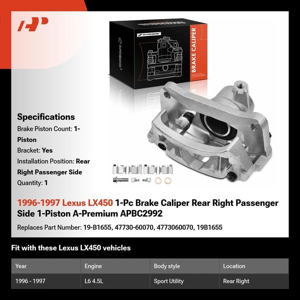 1996-1997 Lexus LX450 1-Pc Brake Caliper Rear Right Passenger Side 1-Piston A-Premium APBC2992