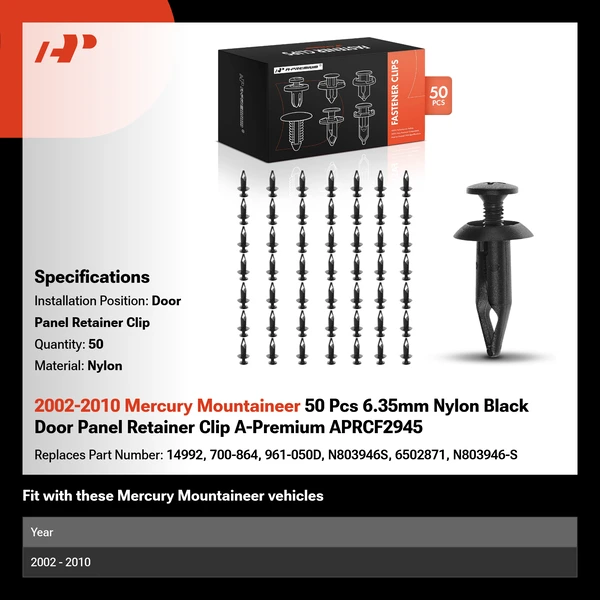 2002-2010 Mercury Mountaineer 50 Pcs 6.35mm Nylon Black Door Panel Retainer Clip A-Premium APRCF2945