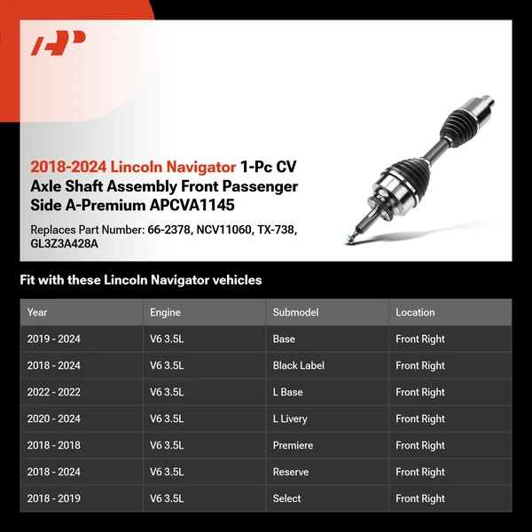2018-2024 Lincoln Navigator 1-Pc CV Axle Shaft Assembly Front Passenger Side A-Premium APCVA1145