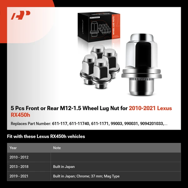 5 Pcs Front or Rear M12-1.5 Wheel Lug Nut for 2010-2021 Lexus RX450h