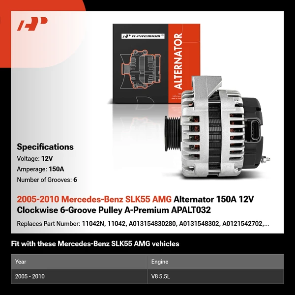 2005-2010 Mercedes-Benz SLK55 AMG Alternator 150A 12V Clockwise 6-Groove Pulley A-Premium APALT032