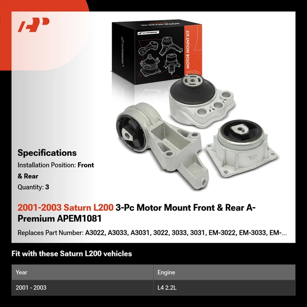 2001-2003 Saturn L200 3-Pc Motor Mount Front & Rear A-Premium APEM1081