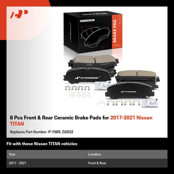8 Pcs Front & Rear Ceramic Brake Pads for 2017-2021 Nissan TITAN