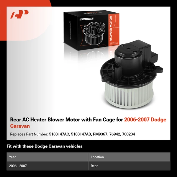 Rear AC Heater Blower Motor with Fan Cage for 2006-2007 Dodge Caravan