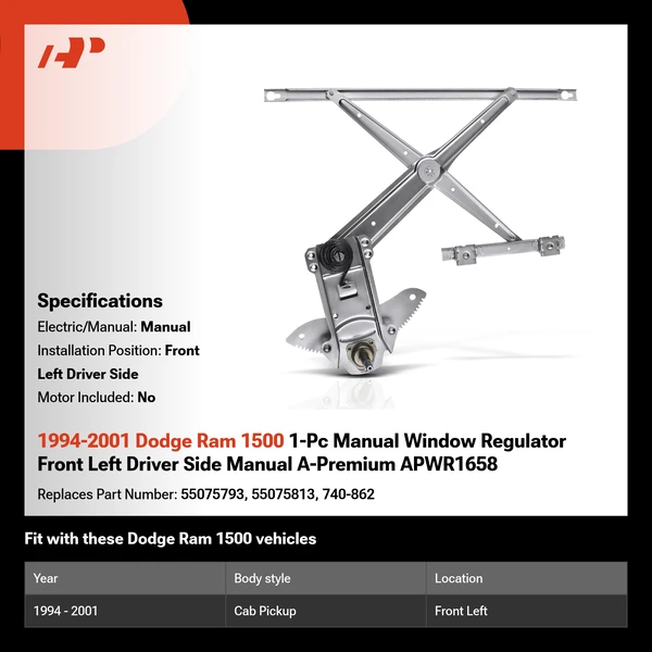1994-2001 Dodge Ram 1500 1-Pc Manual Window Regulator Front Left Driver Side Manual A-Premium APWR1658