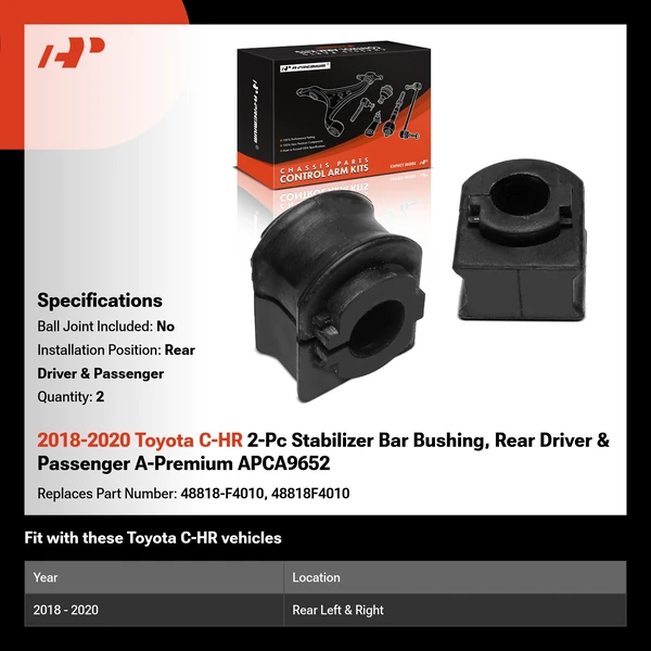 2018-2020 Toyota C-HR 2-Pc Stabilizer Bar Bushing, Rear Driver & Passenger A-Premium APCA9652