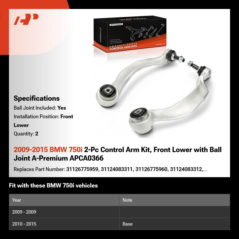 2009-2015 BMW 750i 2-Pc Control Arm Kit, Front Lower with Ball Joint A-Premium APCA0366