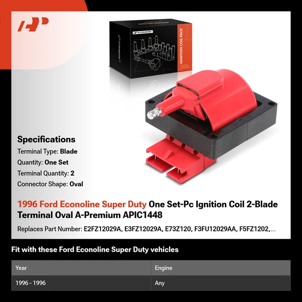 1996 Ford Econoline Super Duty One Set-Pc Ignition Coil 2-Blade Terminal Oval A-Premium APIC1448