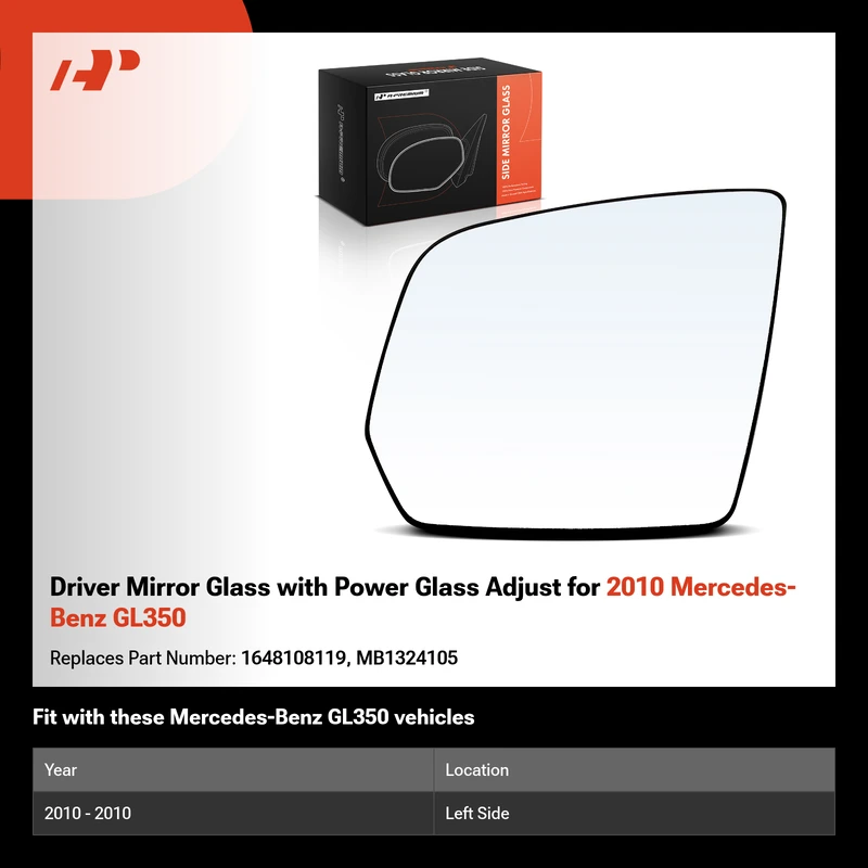 Driver Mirror Glass with Power Glass Adjust for 2010 Mercedes-Benz GL350