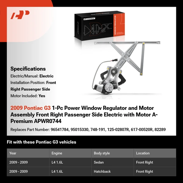 2009 Pontiac G3 1-Pc Power Window Regulator and Motor Assembly Front Right Passenger Side Electric with Motor A-Premium APWR0744
