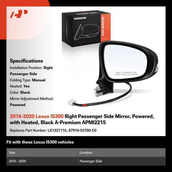2016-2020 Lexus IS300 Right Passenger Side Mirror, with Heating, Power Adjustment, Manual Folding, Black A-Premium APMI2215
