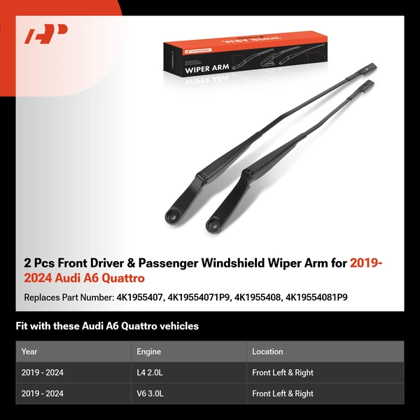 2 Pcs Front Driver & Passenger Windshield Wiper Arm for 2019-2024 Audi A6 Quattro