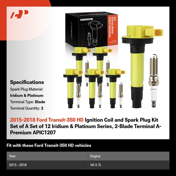 2015-2018 Ford Transit-350 HD Ignition Coil and Spark Plug Kit Set of A Set of 12 Iridium & Platinum Series, 2-Blade Terminal A-Premium APIC1207