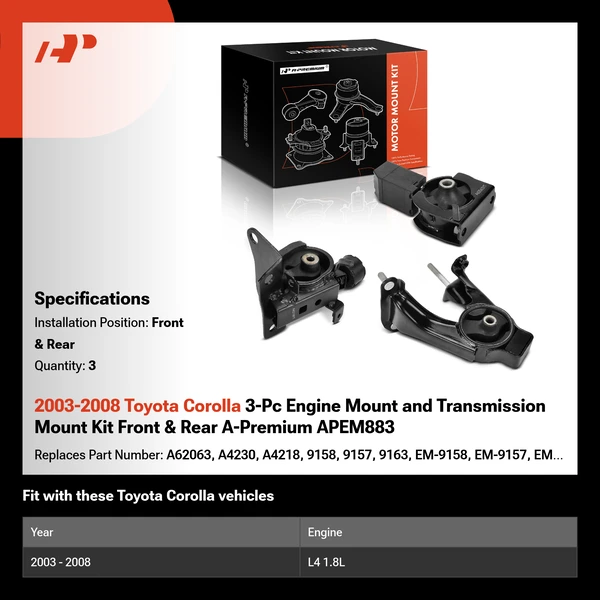 2003-2008 Toyota Corolla 3-Pc Engine Mount and Transmission Mount Kit Front & Rear A-Premium APEM883