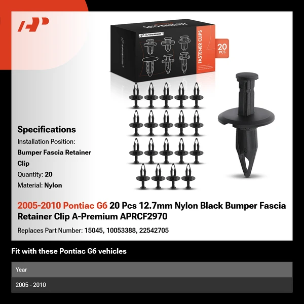 2005-2010 Pontiac G6 20 Pcs 12.7mm Nylon Black Bumper Fascia Retainer Clip A-Premium APRCF2970