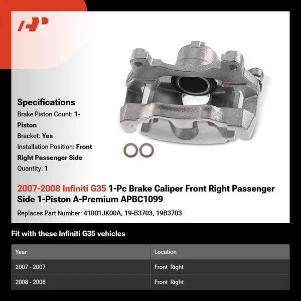 2007-2008 Infiniti G35 1-Pc Brake Caliper Front Right Passenger Side 1-Piston A-Premium APBC1099