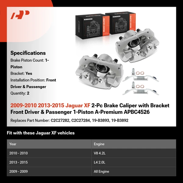 2009-2010 2013-2015 Jaguar XF 2-Pc Brake Caliper with Bracket Front Driver & Passenger 1-Piston A-Premium APBC4526