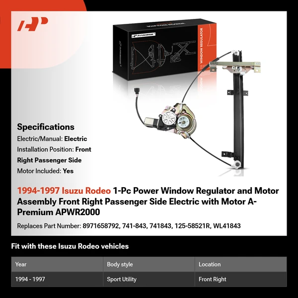 1994-1997 Isuzu Rodeo 1-Pc Power Window Regulator and Motor Assembly Front Right Passenger Side Electric with Motor A-Premium APWR2000