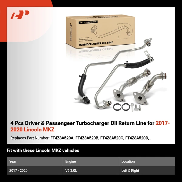 4 Pcs Driver & Passengeer Turbocharger Oil Return Line for 2017-2020 Lincoln MKZ