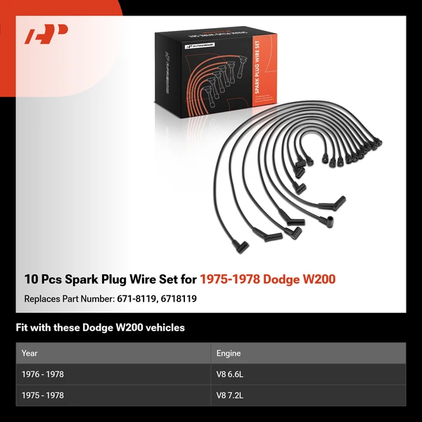 10 Pcs Spark Plug Wire Set for 1975-1978 Dodge W200