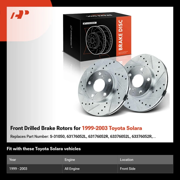 Front Drilled Brake Rotors for 1999-2003 Toyota Solara