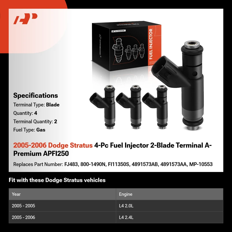 2005-2006 Dodge Stratus 4-Pc Fuel Injector 2-Blade Terminal A-Premium APFI250