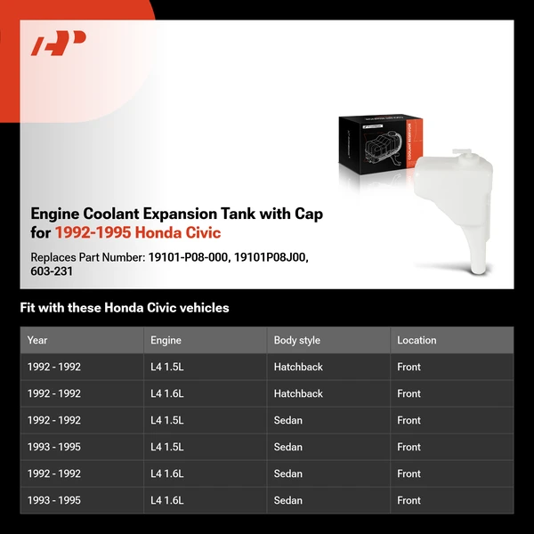 Engine Coolant Expansion Tank with Cap for 1992-1995 Honda Civic