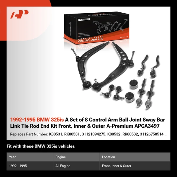 1992-1995 BMW 325is A Set of 8 Control Arm Ball Joint Sway Bar Link Tie Rod End Kit Front, Inner & Outer A-Premium APCA3497