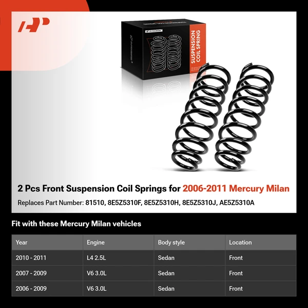 2 Pcs Front Suspension Coil Springs for 2006-2011 Mercury Milan