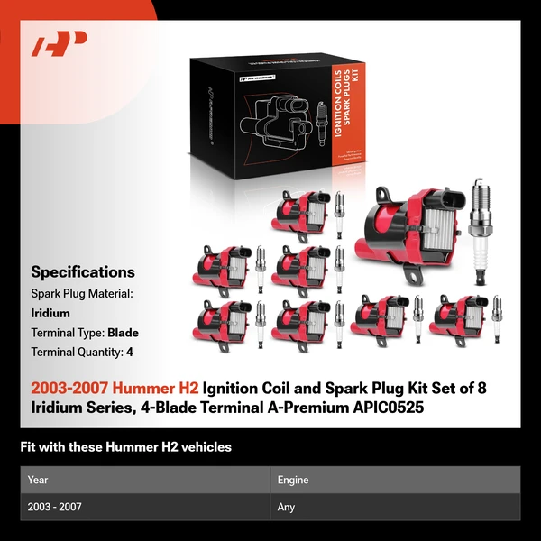 2003-2007 Hummer H2 Ignition Coil and Spark Plug Kit Set of 8 Iridium Series, 4-Blade Terminal A-Premium APIC0525