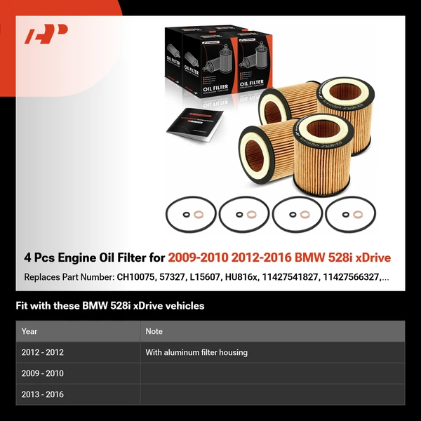 4 Pcs Engine Oil Filter for 2009-2010 2012-2016 BMW 528i xDrive