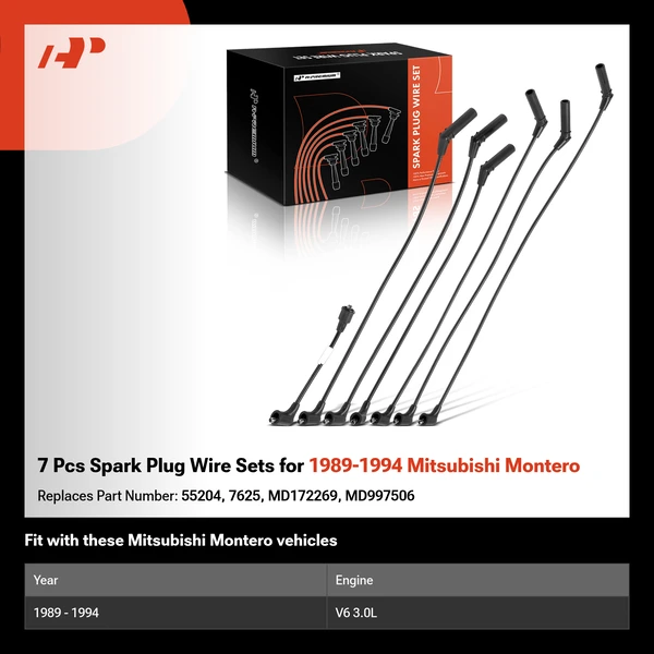 7 Pcs Spark Plug Wire Sets for 1989-1994 Mitsubishi Montero