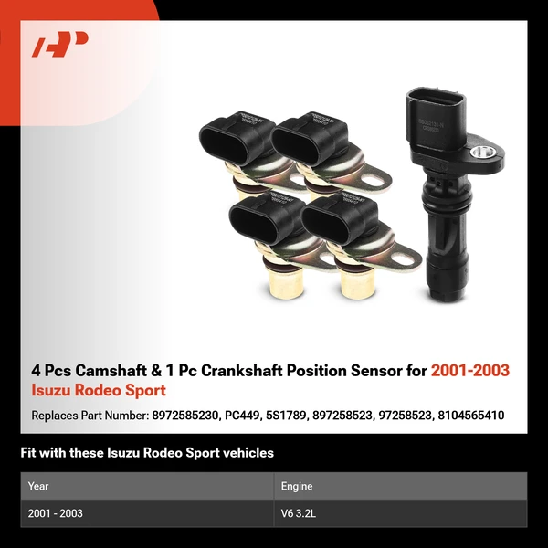 4 Pcs Camshaft & 1 Pc Crankshaft Position Sensor for 2001-2003 Isuzu Rodeo Sport