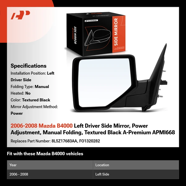 2006-2008 Mazda B4000 Left Driver Side Mirror, Power Adjustment, Manual Folding, Textured Black A-Premium APMI668