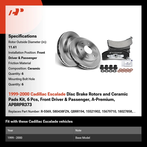 1999-2000 Cadillac Escalade Disc Brake Rotors and Ceramic Pads Kit, 6 Pcs, Front Driver & Passenger, A-Premium, APBRPR373