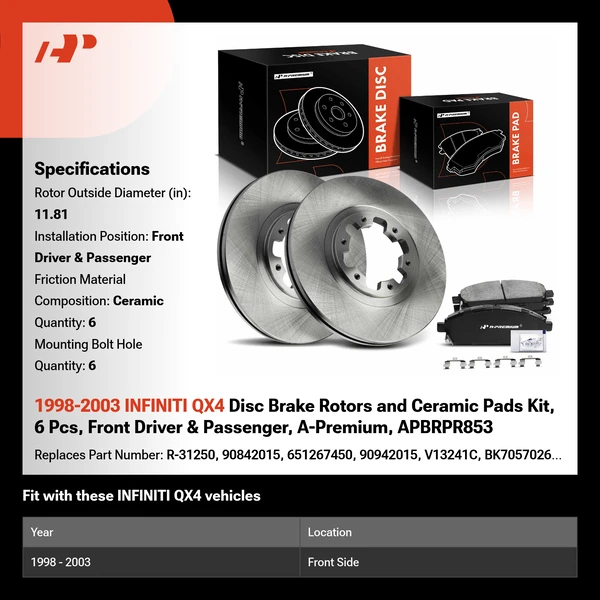 1998-2003 INFINITI QX4 Disc Brake Rotors and Ceramic Pads Kit, 6 Pcs, Front Driver & Passenger, A-Premium, APBRPR853