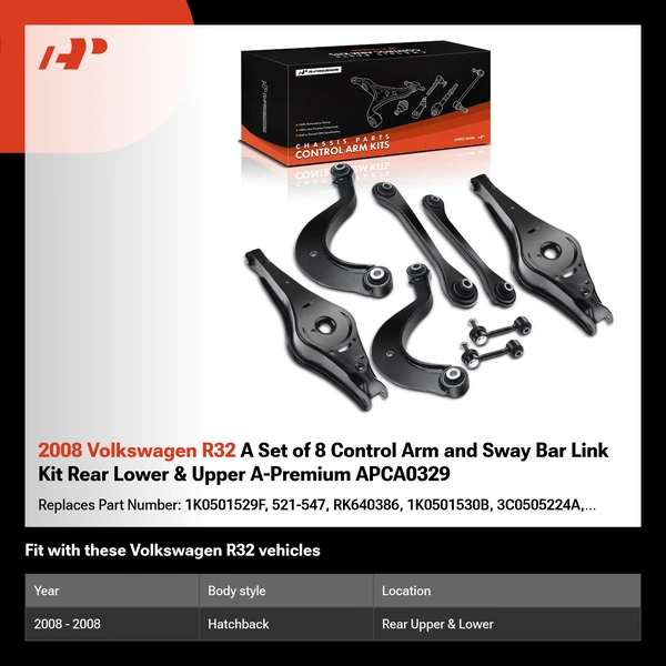 2008 Volkswagen R32 A Set of 8 Control Arm and Sway Bar Link Kit Rear Lower & Upper A-Premium APCA0329