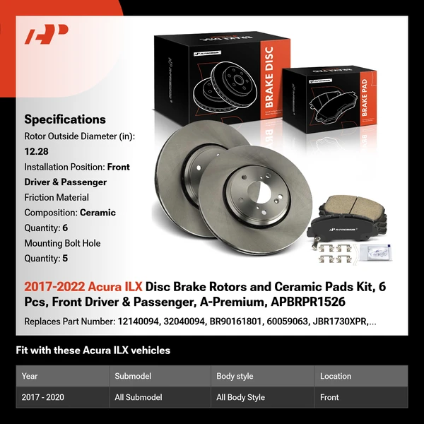 2017-2022 Acura ILX Disc Brake Rotors and Ceramic Pads Kit, 6 Pcs, Front Driver & Passenger, A-Premium, APBRPR1526