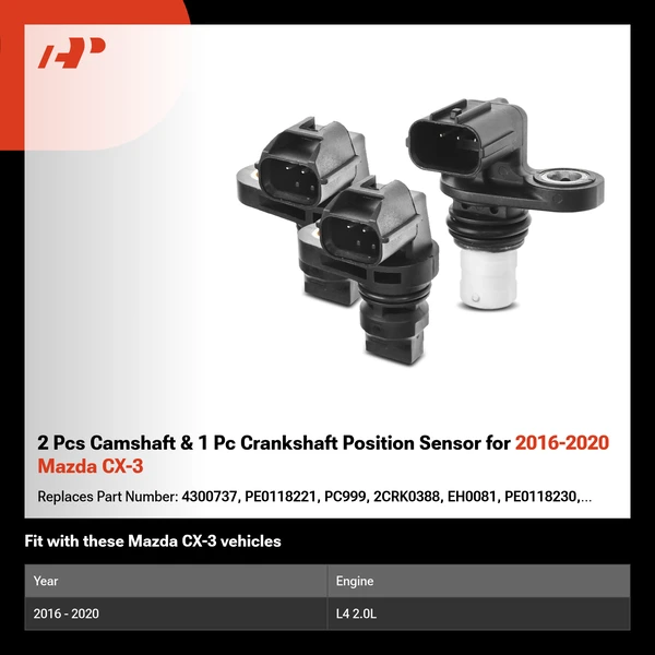 2 Pcs Camshaft & 1 Pc Crankshaft Position Sensor for 2016-2020 Mazda CX-3