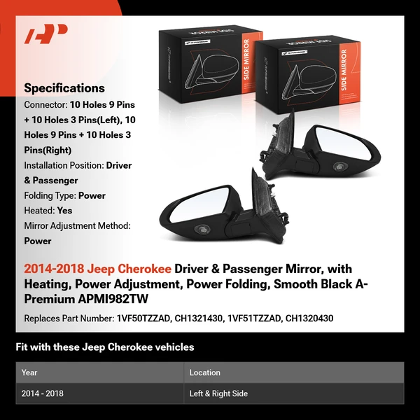 2014-2018 Jeep Cherokee Driver & Passenger Mirror, with Heating, Power Adjustment, Power Folding, Smooth Black A-Premium APMI982TW