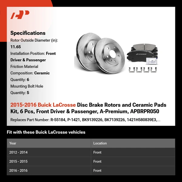 2015-2016 Buick LaCrosse Disc Brake Rotors and Ceramic Pads Kit, 6 Pcs, Front Driver & Passenger, A-Premium, APBRPR050