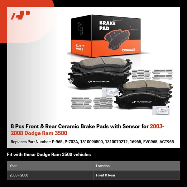 8 Pcs Front & Rear Ceramic Brake Pads with Sensor for 2003-2008 Dodge Ram 3500