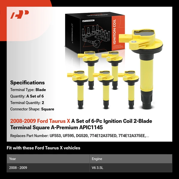 2008-2009 Ford Taurus X A Set of 6-Pc Ignition Coil 2-Blade Terminal Square A-Premium APIC1145