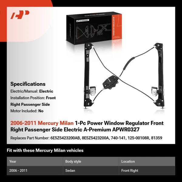 2006-2011 Mercury Milan 1-Pc Power Window Regulator Front Right Passenger Side Electric A-Premium APWR0327