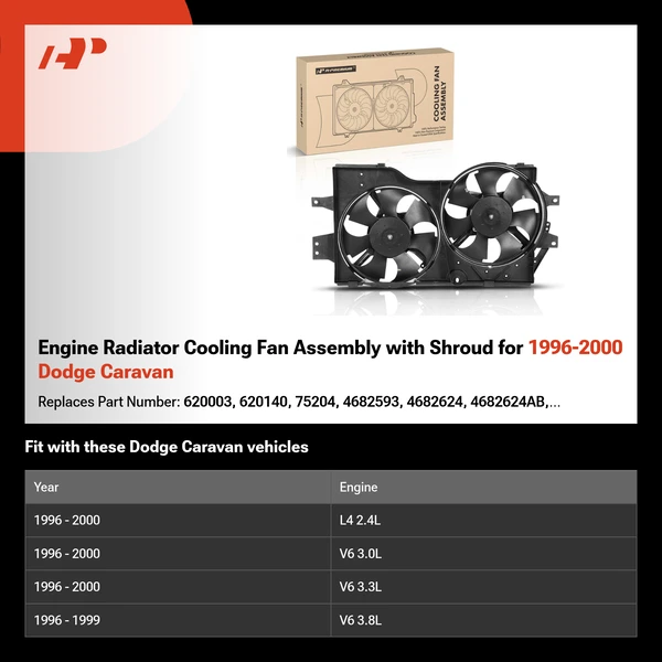 Engine Radiator Cooling Fan Assembly with Shroud for 1996-2000 Dodge Caravan
