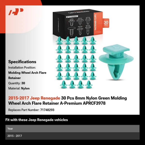 2015-2017 Jeep Renegade 30 Pcs 8mm Nylon Green Molding Wheel Arch Flare Retainer A-Premium APRCF3978