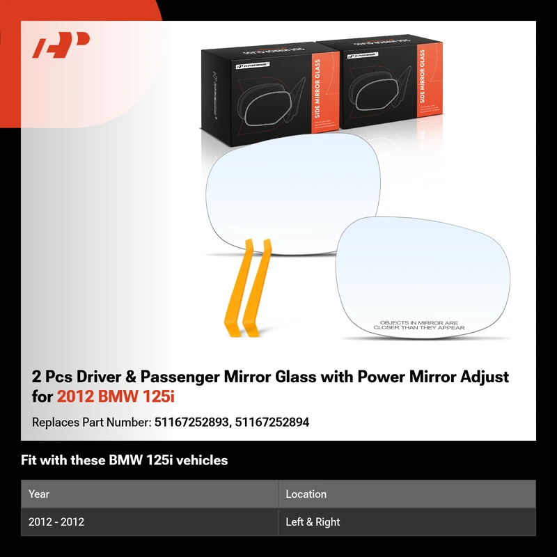 2 Pcs Driver & Passenger Mirror Glass with Power Mirror Adjust for 2012 BMW 125i