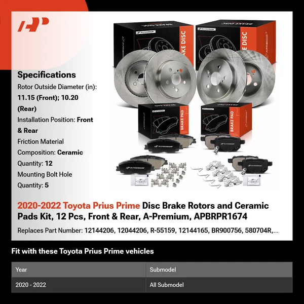 2020-2022 Toyota Prius Prime Disc Brake Rotors and Ceramic Pads Kit, 12 Pcs, Front & Rear, A-Premium, APBRPR1674
