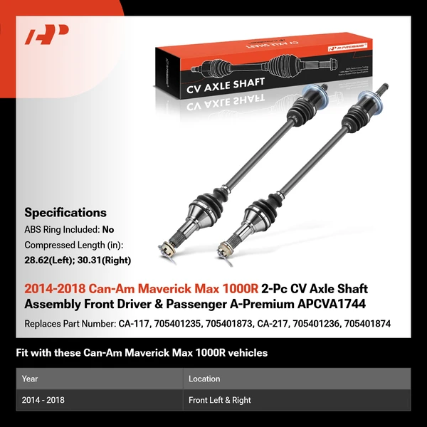 2014-2018 Can-Am Maverick Max 1000R 2-Pc CV Axle Shaft Assembly Front Driver & Passenger A-Premium APCVA1744